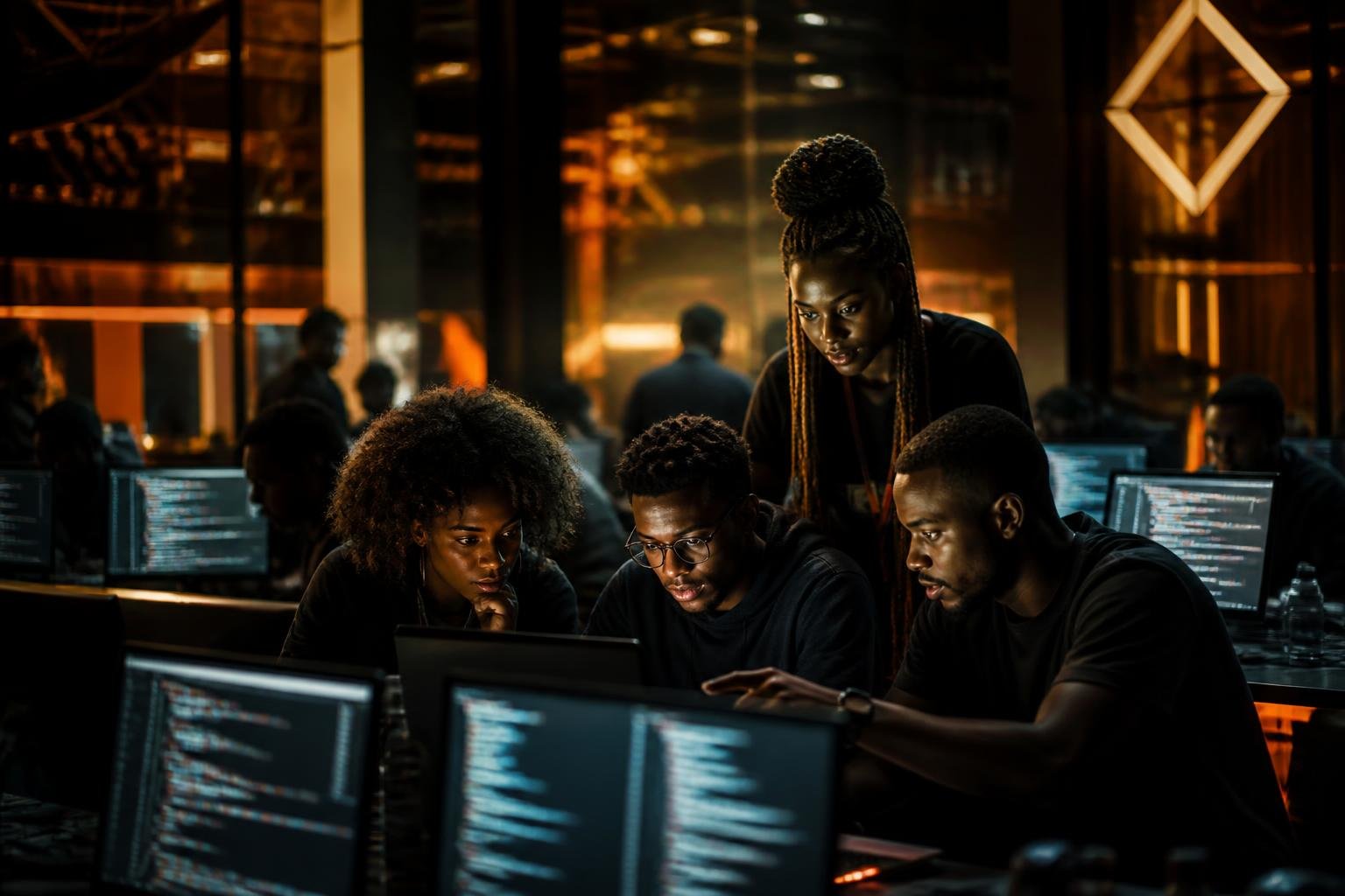 Nigerian developers collaborating at a hackathon
