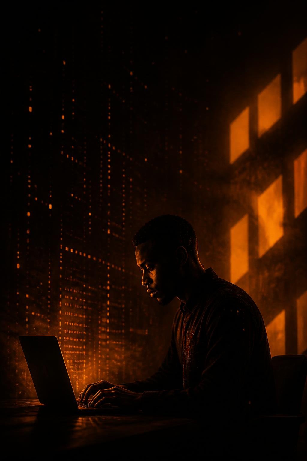 Nigerian creative working on a laptop in dramatic light